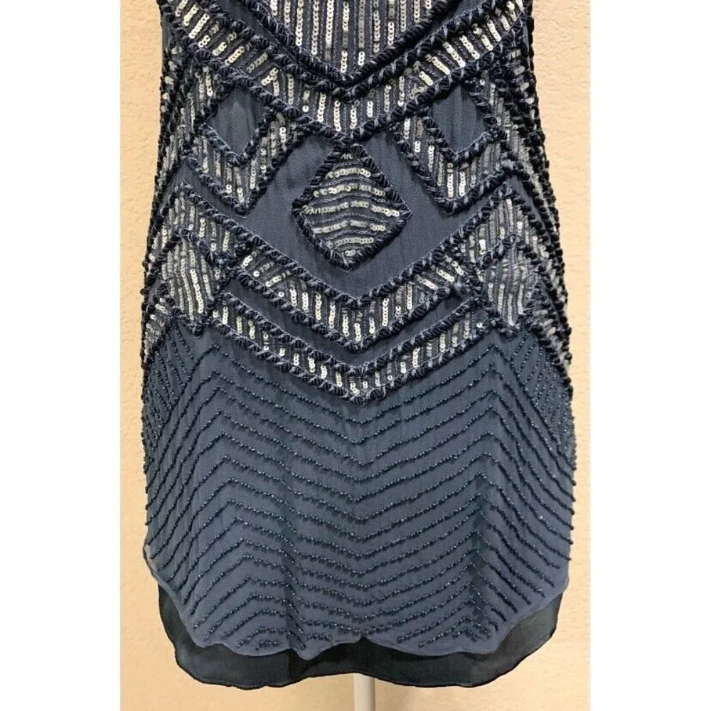 Parker NY Allegra Silk Beaded Sequin Blue Dress